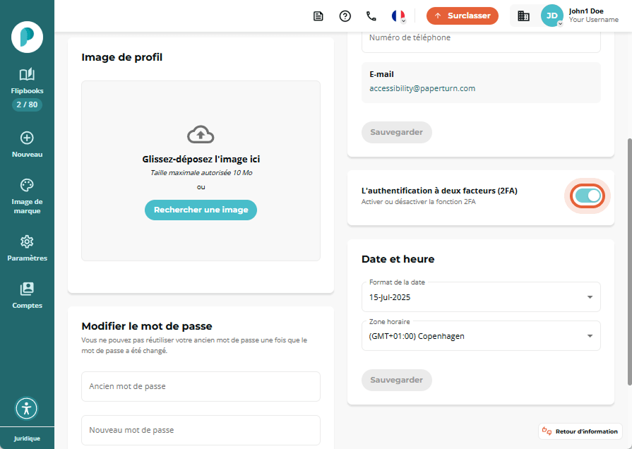 Bouton 2FA activé dans le panneau des paramètres personnels
