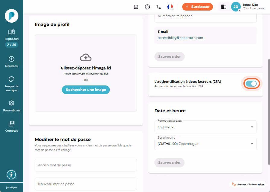 Paramètres personnels avec le bouton à nouveau en position Désactivé Paramètres personnels avec le bouton à nouveau en position Désactivé