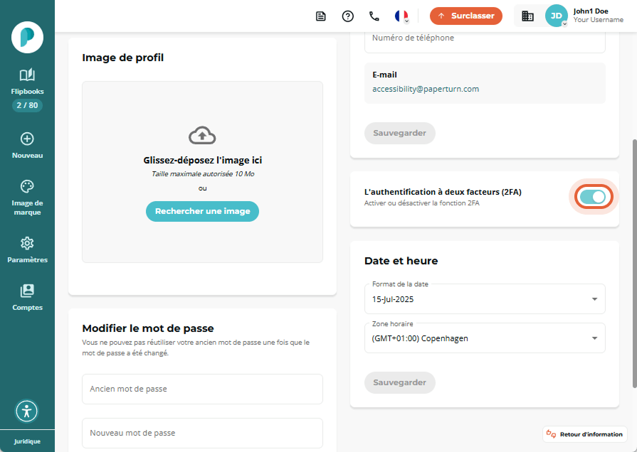Paramètres personnels avec le bouton à nouveau en position Désactivé