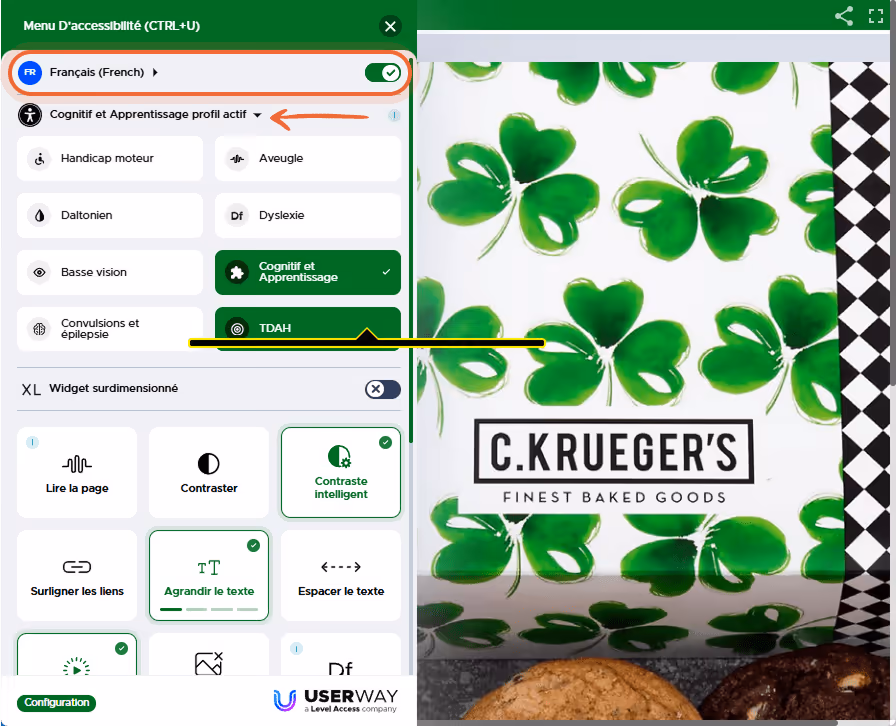 Menu d’accessibilité ouvert dans le flipbook, affichant des options comme lecteur d’écran, contraste