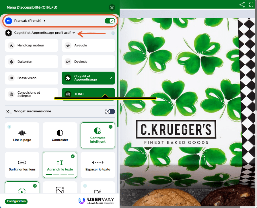 Menu d’accessibilité ouvert dans le flipbook, affichant des options comme lecteur d’écran, contraste