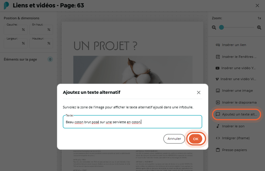 Bouton Ajouter un texte alternatif mis en évidence, avec un exemple de la fenêtre contextuelle et le bouton OK mis en évidence Bouton Ajouter un texte alternatif mis en évidence, avec un exemple de la fenêtre contextuelle et le bouton OK mis en évidence