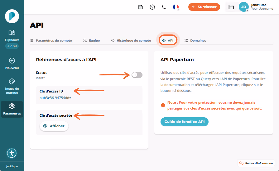 Page des paramètres de l’API affichant un interrupteur d’état inactif ainsi que les champs « Access 