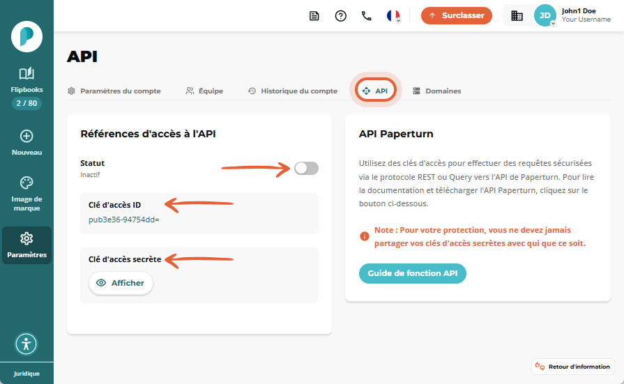 Page des paramètres de l’API affichant un interrupteur d’état inactif ainsi que les champs « Access 