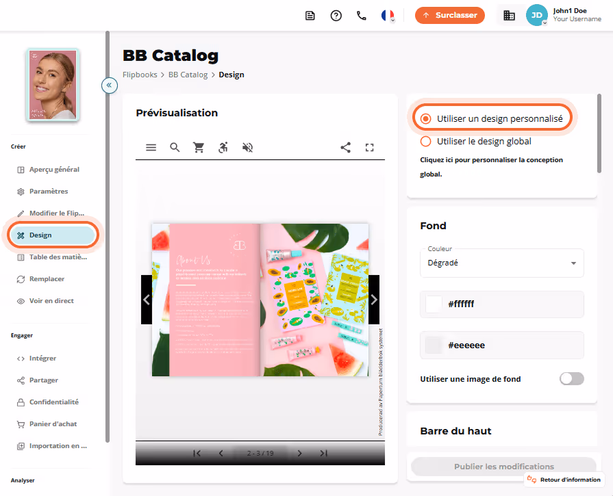 Vue Design de « BB Catalog » avec l’onglet Design de gauche actif et le bouton radio « Utiliser un d Vue Design de « BB Catalog » avec l’onglet Design de gauche actif et le bouton radio « Utiliser un d