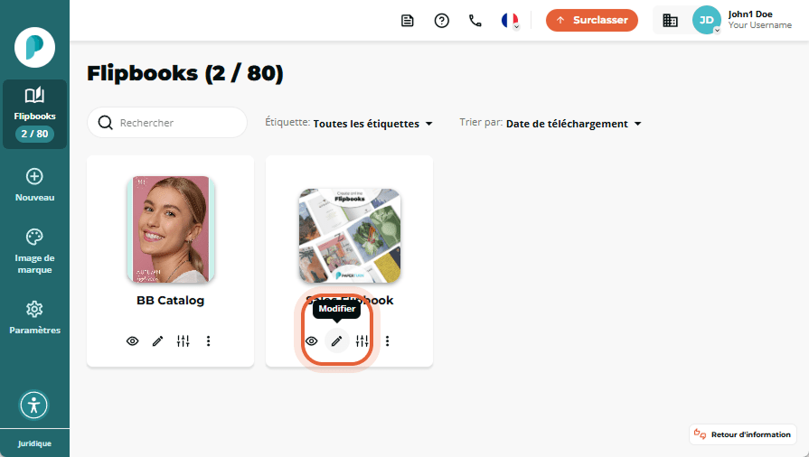 Tableau de bord Flipbooks avec l’icône Modifier en forme de crayon mise en évidence sous la vignette