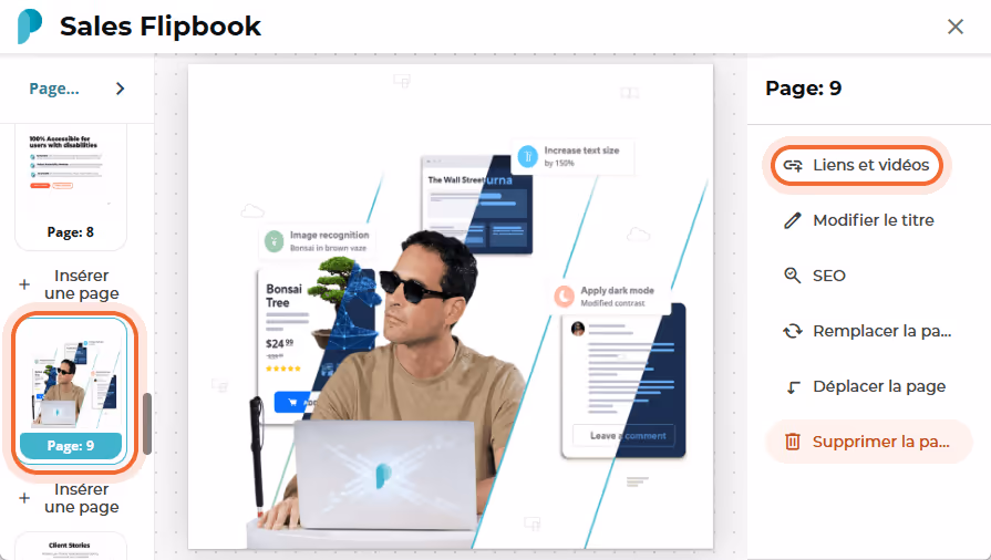 Éditeur de page du « Sales Flipbook », page 9, avec l’option de barre latérale « Liens et vidéos » s Éditeur de page du « Sales Flipbook », page 9, avec l’option de barre latérale « Liens et vidéos » s