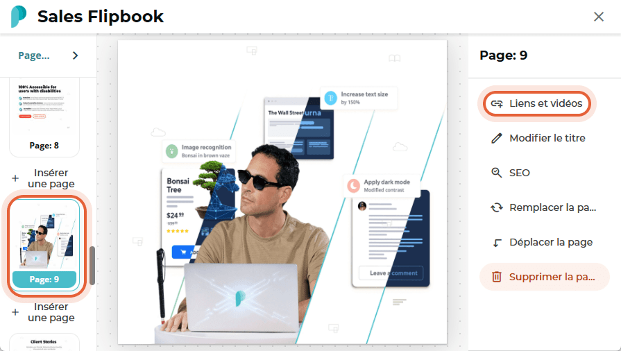 Éditeur de page du « Sales Flipbook », page 9, avec l’option de barre latérale « Liens et vidéos » s