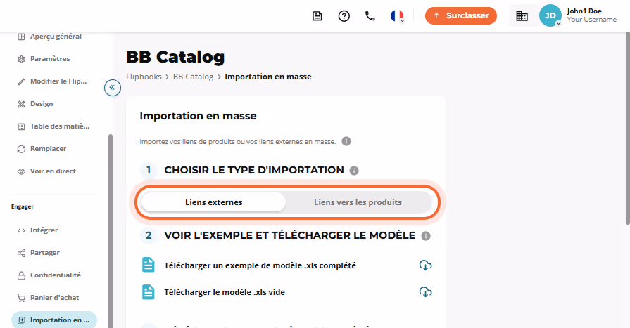Étape 1 de l’importation en masse montrant la barre bascule « External links » / « Product links » m
