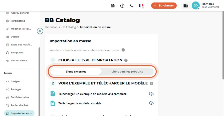 Étape 1 de l’importation en masse montrant la barre bascule « External links » / « Product links » m