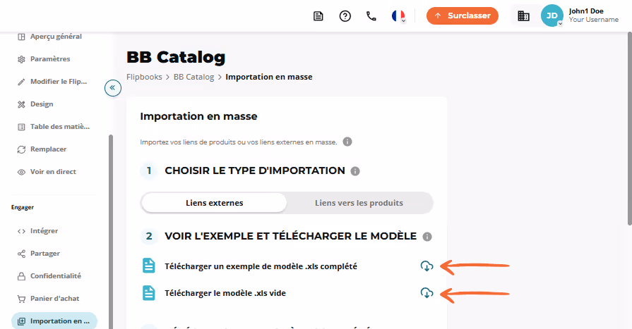 Étape 2 de l’importation en masse mettant en évidence les icônes pour télécharger les modèles .xls e