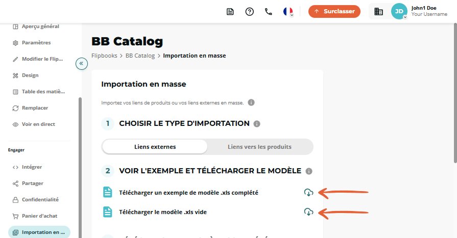 Étape 2 de l’importation en masse mettant en évidence les icônes pour télécharger les modèles .xls e