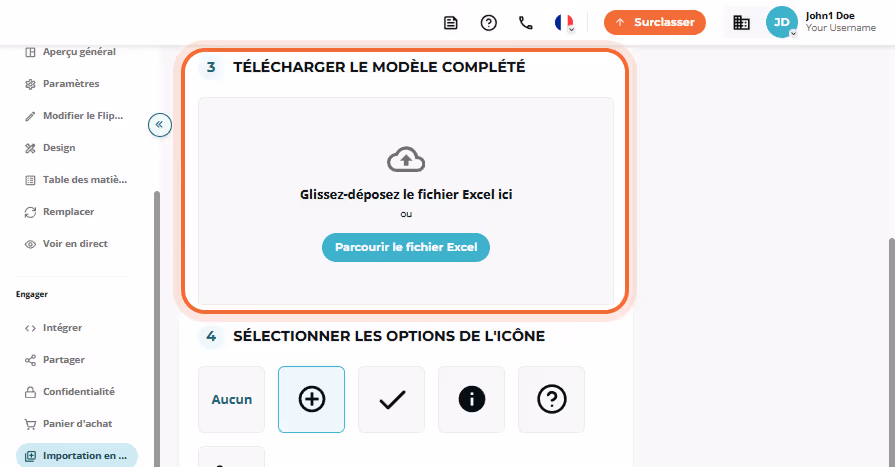 Étape 3 de l’importation en masse avec la grande zone de dépôt pour le fichier Excel complété mise e