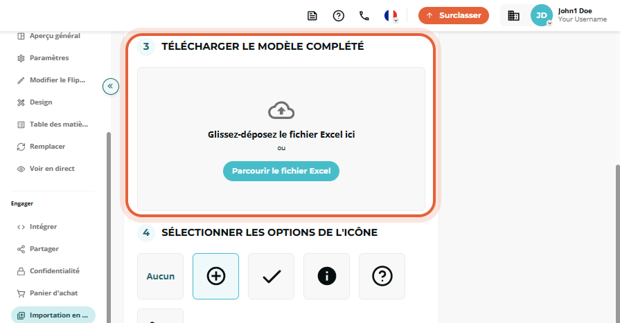 Étape 3 de l’importation en masse avec la grande zone de dépôt pour le fichier Excel complété mise e