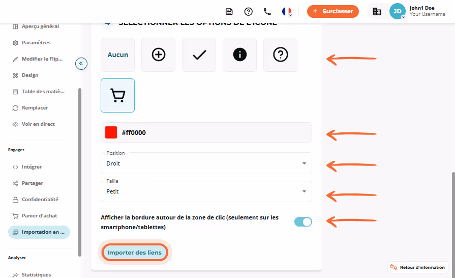 Étape 4 de l’importation en masse affichant les options d’icône, panier sélectionné, et bouton « Imp