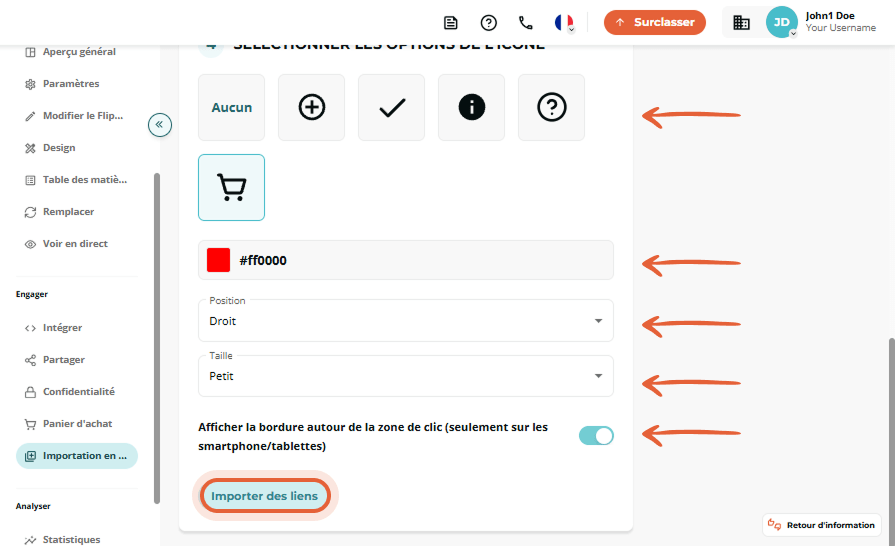 Étape 4 de l’importation en masse affichant les options d’icône, panier sélectionné, et bouton « Imp