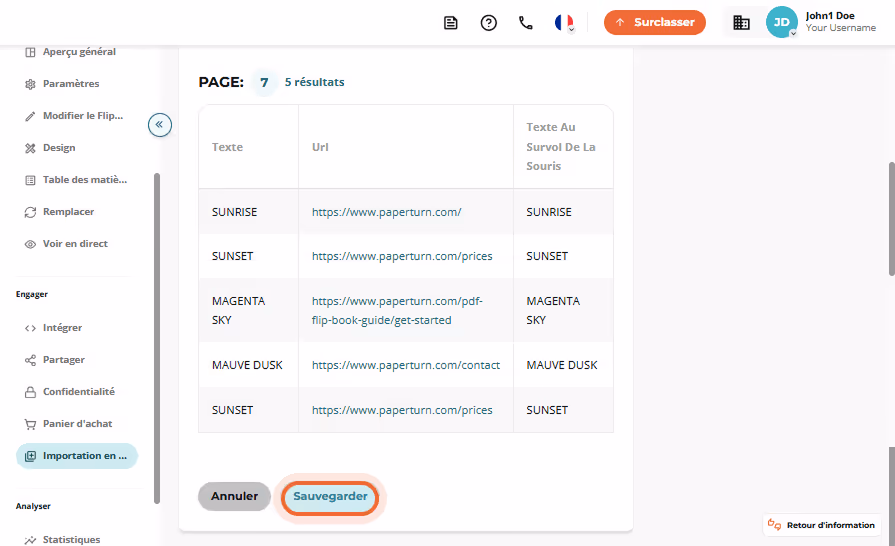 Tableau des résultats d’importation listant cinq liens pour la page 7 ; le bouton « Save » est mis e