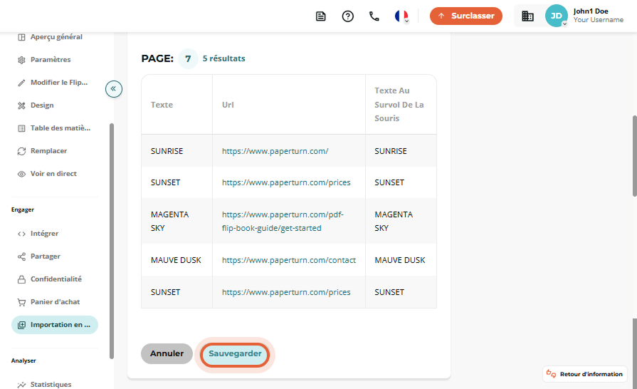 Tableau des résultats d’importation listant cinq liens pour la page 7 ; le bouton « Save » est mis e