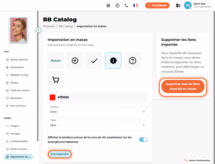 Panneau d’importation en masse avec le bouton rouge « Remove all bulk imported links » mis en éviden