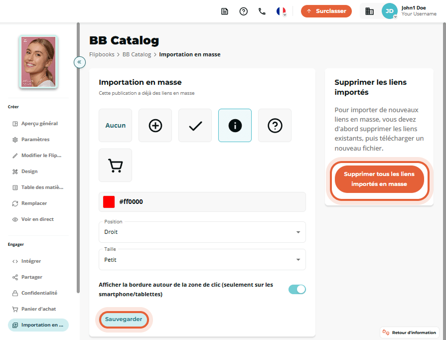 Panneau d’importation en masse avec le bouton rouge « Remove all bulk imported links » mis en éviden