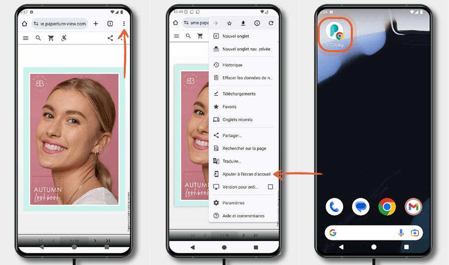 Trois écrans Android illustrent comment ajouter une flipbook à l’écran d’accueil via Chrome : ouvert