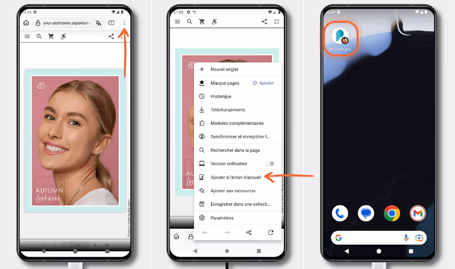 Trois écrans Android montrent une disposition alternative dans Chrome pour ajouter une flipbook à l’ Trois écrans Android montrent une disposition alternative dans Chrome pour ajouter une flipbook à l’