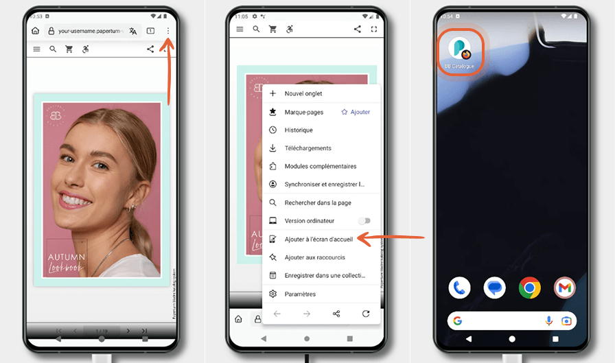 Trois écrans Android montrent une disposition alternative dans Chrome pour ajouter une flipbook à l’