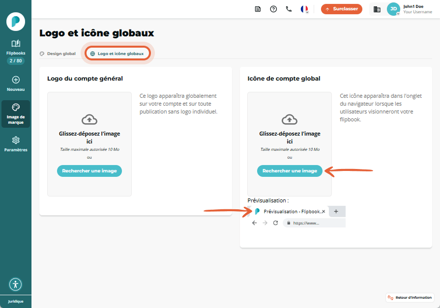 Écran affichant le tableau de bord de Paperturn dans la section Branding. L’onglet 