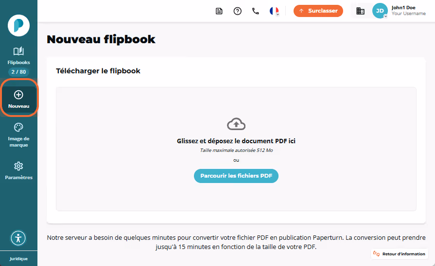 Le tableau de bord Papeturn s’ouvre sur la page Nouveau flipbook. La barre latérale gauche affiche F Le tableau de bord Papeturn s’ouvre sur la page Nouveau flipbook. La barre latérale gauche affiche F