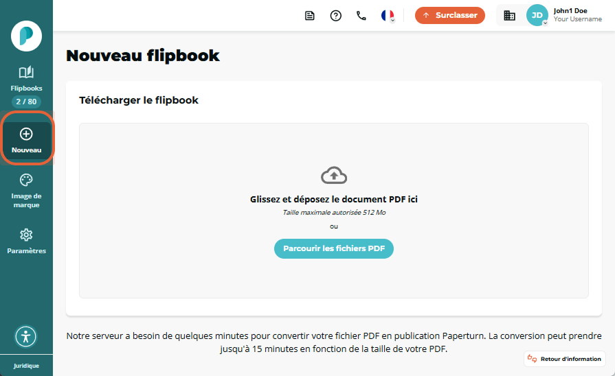 Le tableau de bord Papeturn s’ouvre sur la page Nouveau flipbook. La barre latérale gauche affiche F