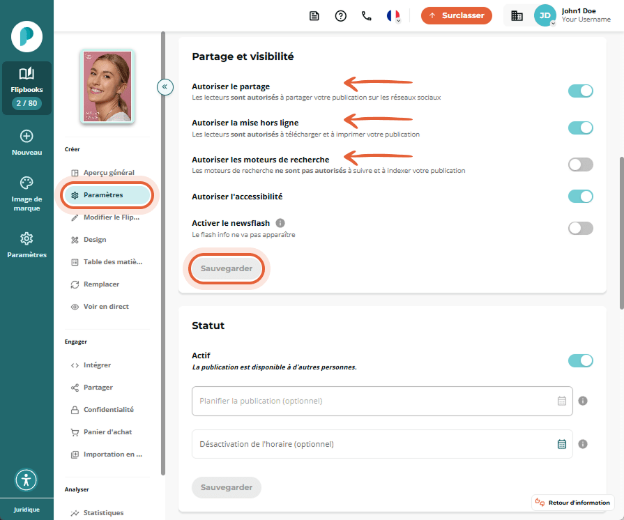Section Partage et visibilité dans Paramètres. Les commutateurs Autoriser le partage et Autoriser le