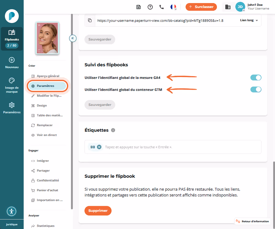 Section Suivi du flipbook avec les commutateurs Utiliser l’ID de mesure GA4 global et Utiliser l’ID Section Suivi du flipbook avec les commutateurs Utiliser l’ID de mesure GA4 global et Utiliser l’ID