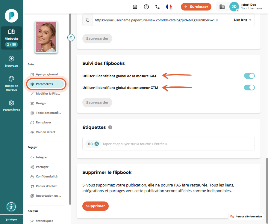 Section Suivi du flipbook avec les commutateurs Utiliser l’ID de mesure GA4 global et Utiliser l’ID 
