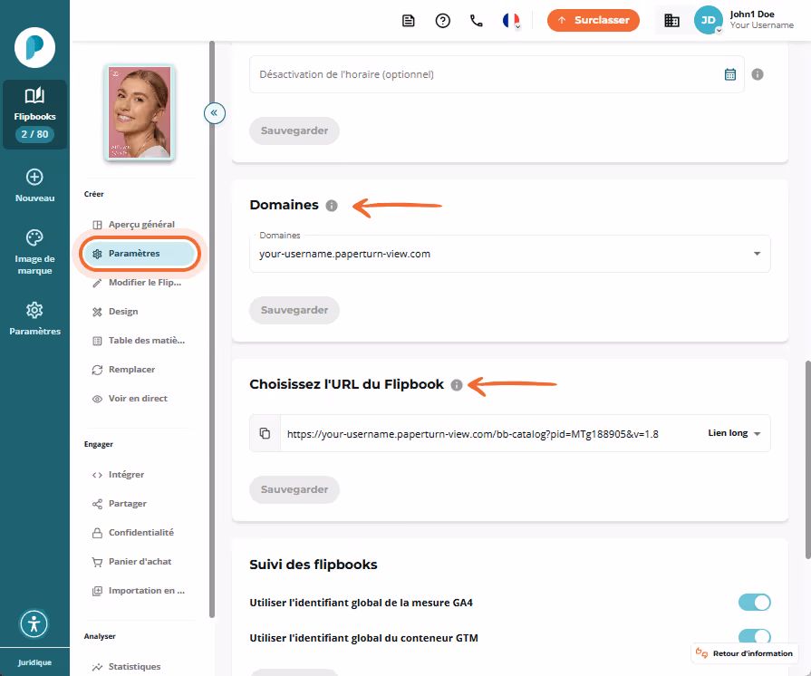 Section Domaines et Choisir l’URL du flipbook sur la page Paramètres. Une liste déroulante affiche l Section Domaines et Choisir l’URL du flipbook sur la page Paramètres. Une liste déroulante affiche l