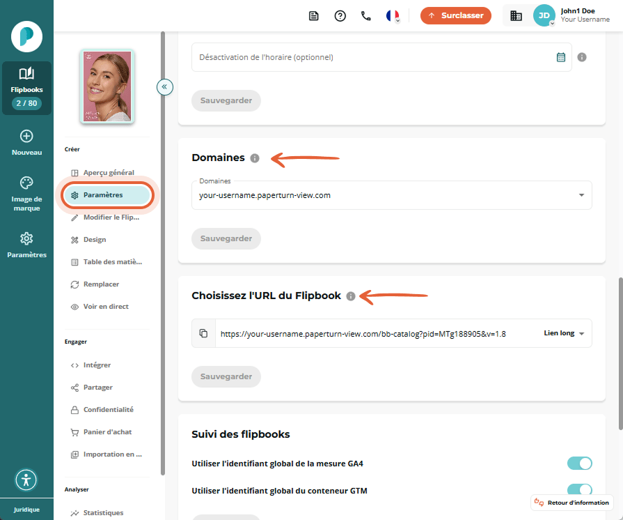 Section Domaines et Choisir l’URL du flipbook sur la page Paramètres. Une liste déroulante affiche l