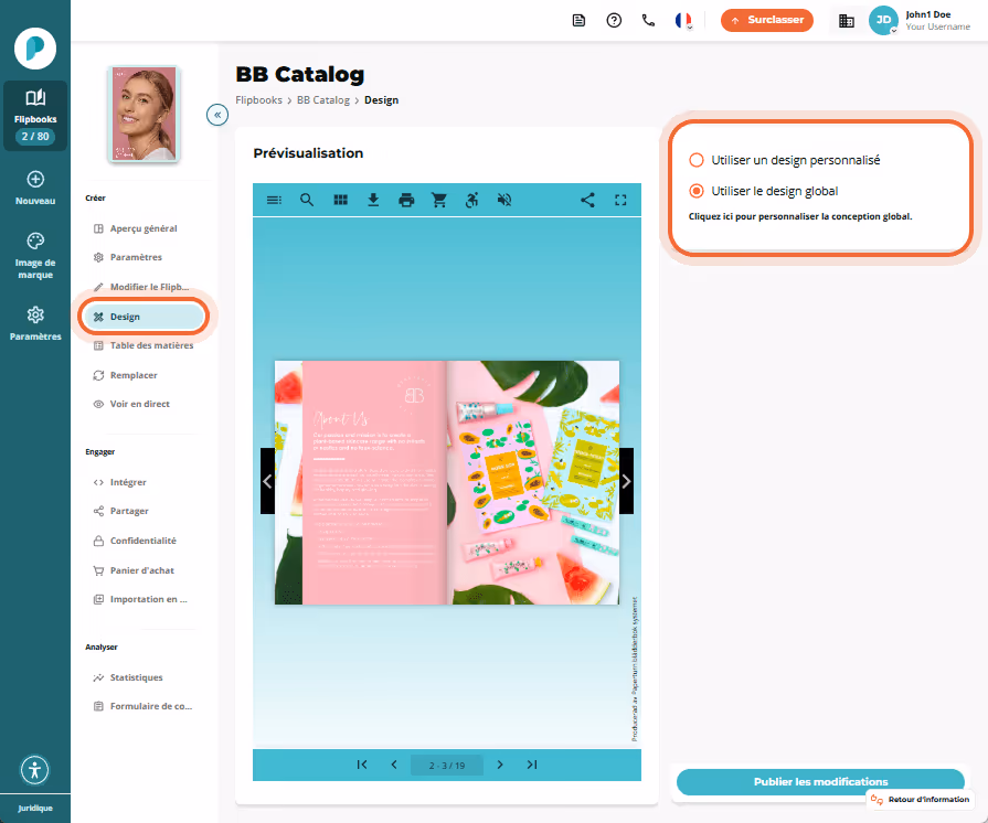 Page Design du flipbook. Un aperçu du flipbook occupe le centre tandis que le côté droit propose des Page Design du flipbook. Un aperçu du flipbook occupe le centre tandis que le côté droit propose des