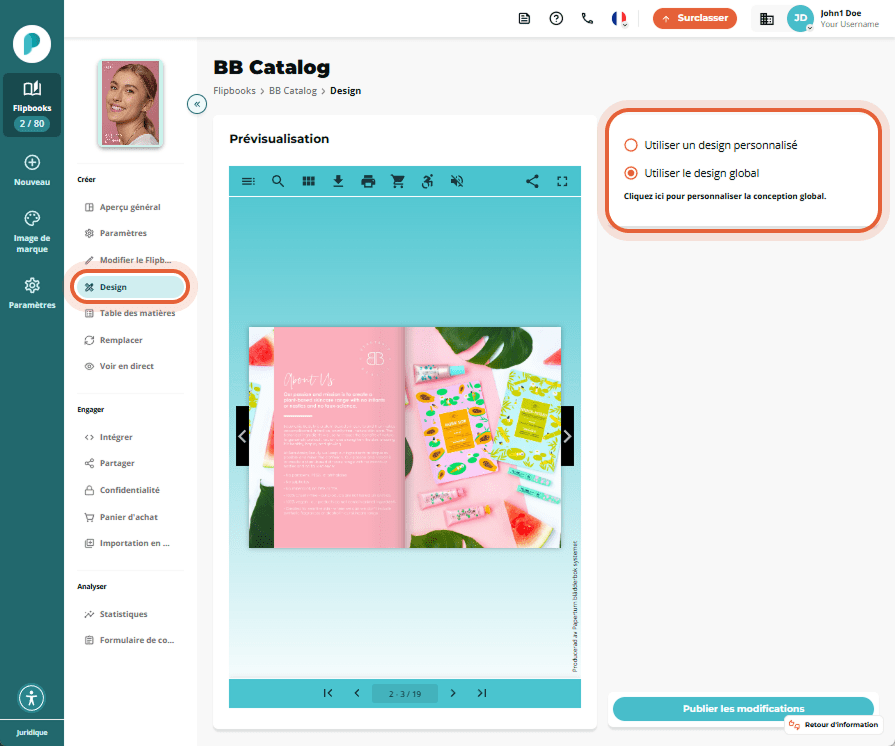 Page Design du flipbook. Un aperçu du flipbook occupe le centre tandis que le côté droit propose des