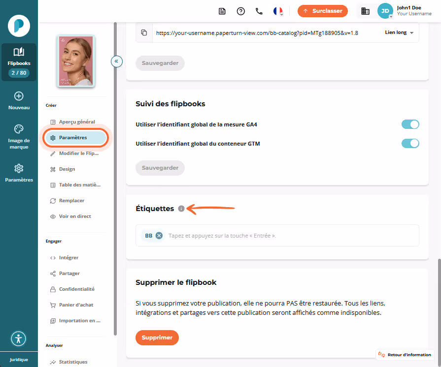 Section Étiquettes dans Paramètres présentant une zone de saisie vide et une étiquette existante BB. Section Étiquettes dans Paramètres présentant une zone de saisie vide et une étiquette existante BB.