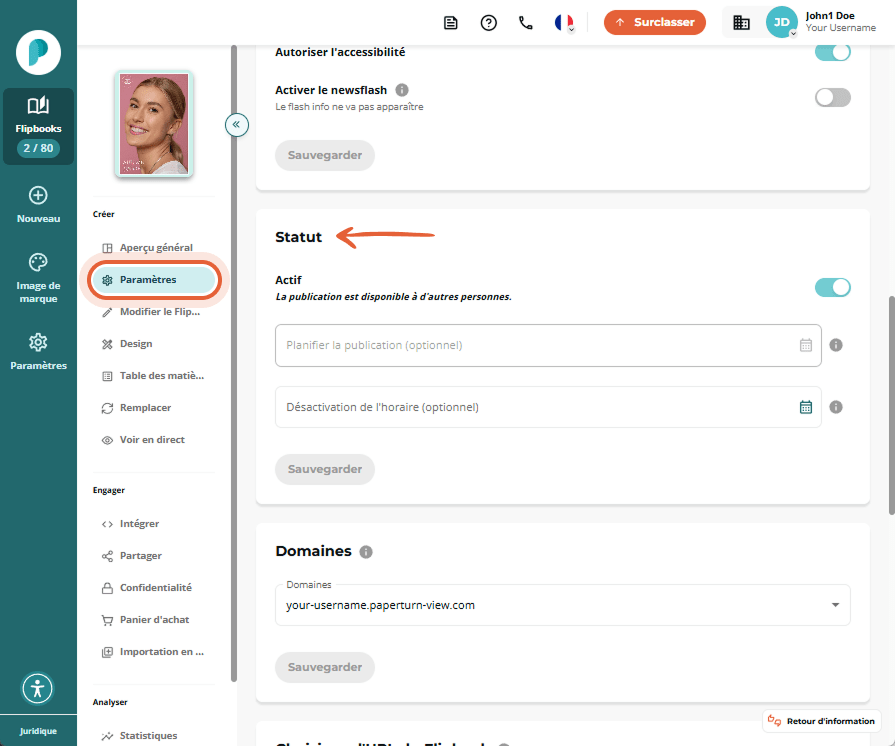 Section Statut dans Paramètres. Le commutateur Actif est activé, deux sélecteurs de date facultatifs