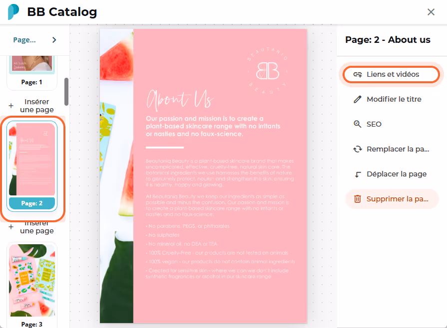 Éditeur de page de BB Catalog affichant la page 2 sélectionnée et l’option de barre latérale « Links
