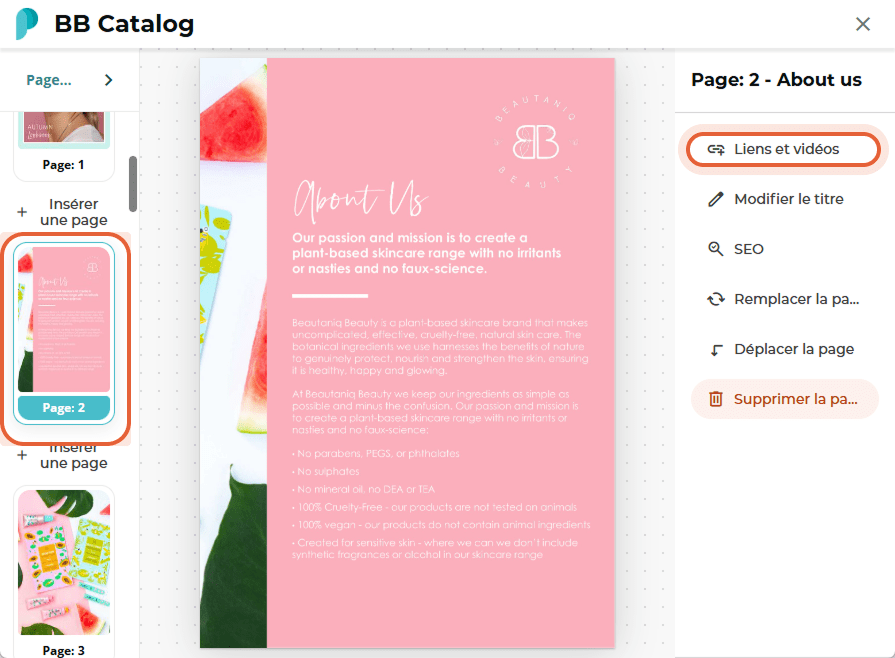 Éditeur de page de BB Catalog affichant la page 2 sélectionnée et l’option de barre latérale « Links