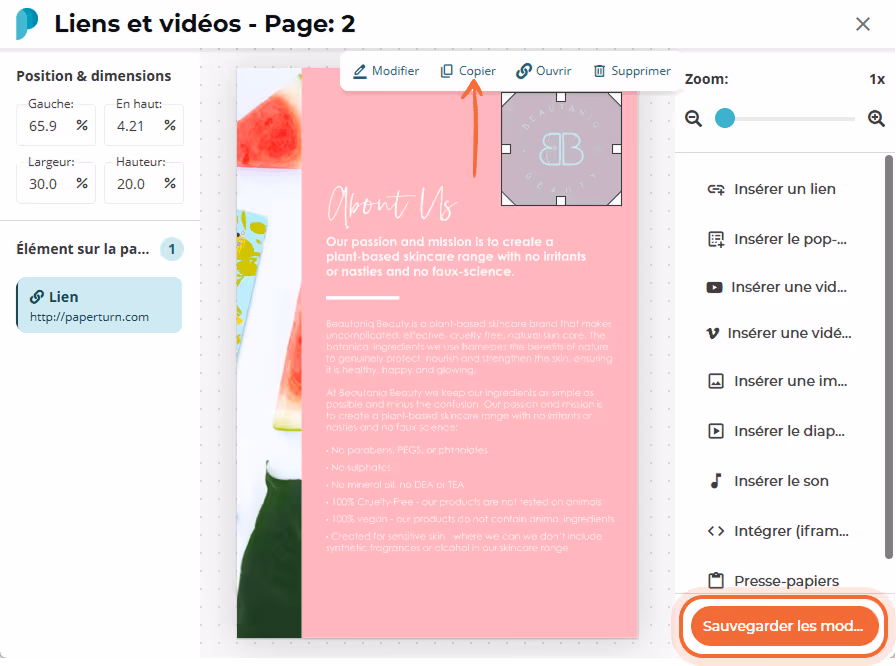 Fenêtre modale « Links and videos » avec un lien logo sélectionné sous la barre d’outils de copie ; 