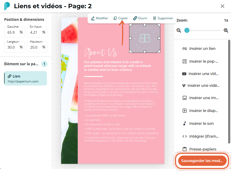 Fenêtre modale « Links and videos » avec un lien logo sélectionné sous la barre d’outils de copie ; 