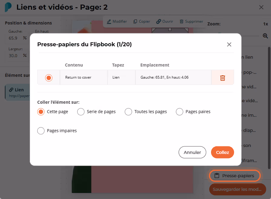 Boîte de dialogue Presse-papiers du flipbook affichant un élément de lien copié et des boutons radio