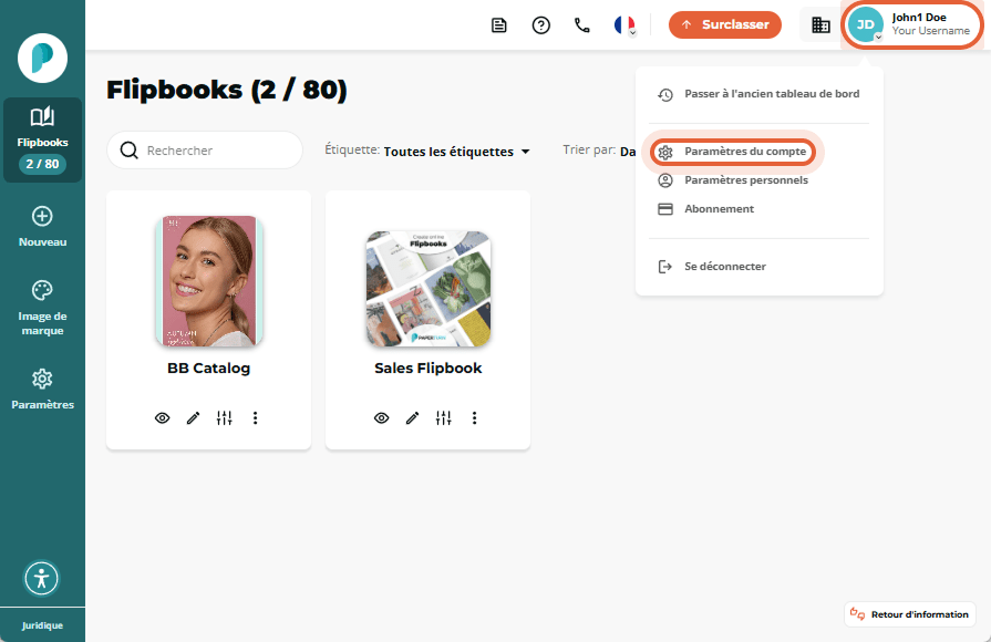 Menu déroulant Compte ouvert avec l’option « Paramètres du compte » mise en évidence sur le tableau 