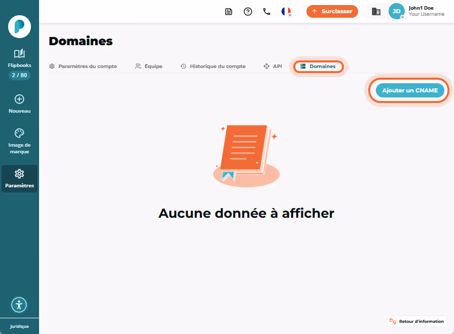 Page Domains avec l’onglet « Domains » et le bouton « Add CNAME » mis en évidence.