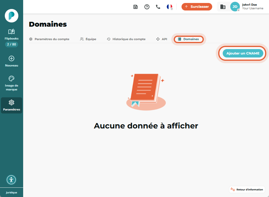 Page Domains avec l’onglet « Domains » et le bouton « Add CNAME » mis en évidence.