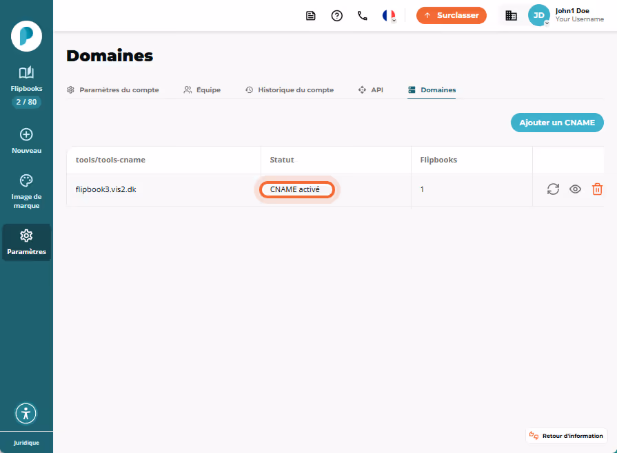 Liste des domaines affichant une entrée CNAME avec le badge d’état « CNAME activated » mis en éviden