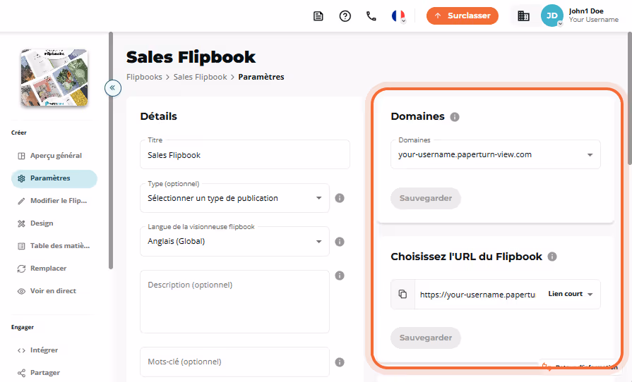 Page des paramètres de Sales Flipbook avec la liste déroulante Domains vide et le panneau des option