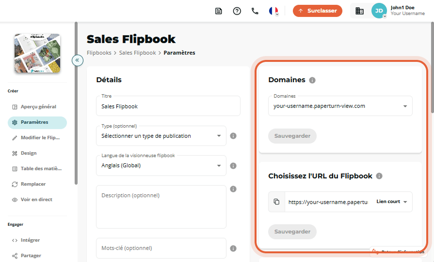 Page des paramètres de Sales Flipbook avec la liste déroulante Domains vide et le panneau des option